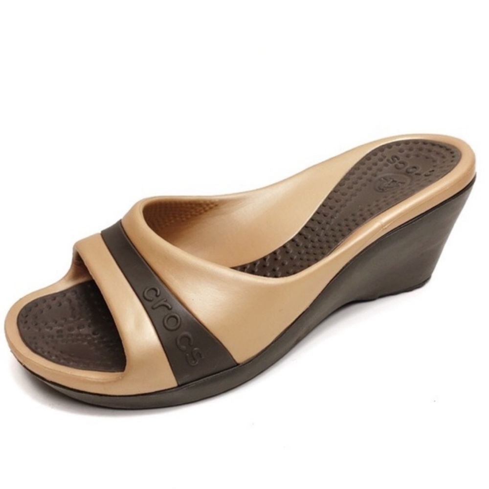 Crocs Sassari Chocolate and Gold Wedges Size 8